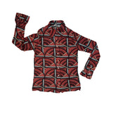 Vintage 70s red grey geometric pattern long sleeve nylon disco shirt size small